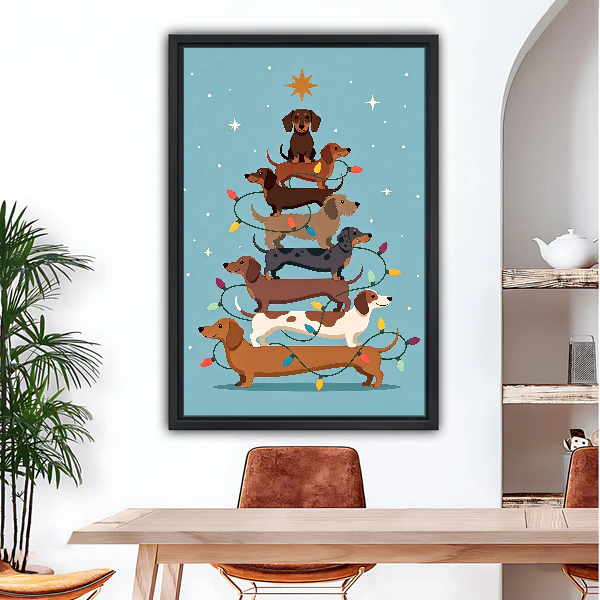 Dachshund Christmas Tree Canvas Wall Art framed above a wood desk beneath a bright archway.