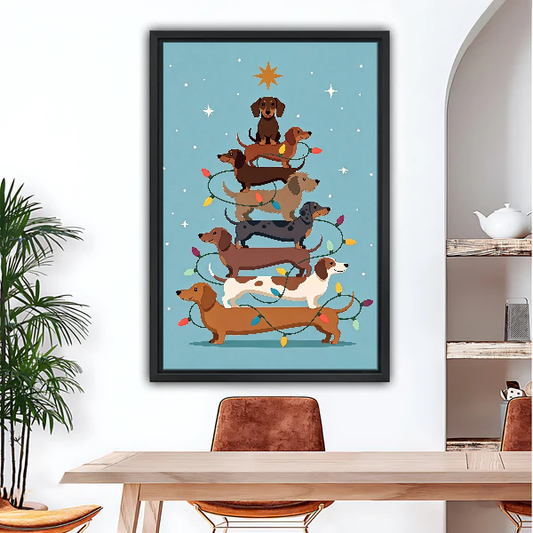 Dachshund Christmas Tree Canvas Wall Art framed above a wood desk beneath a bright archway.