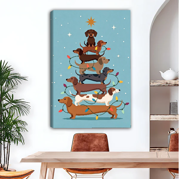 Dachshund Christmas Tree Canvas Wall Art unframed above a wood desk beside a brown chair.
