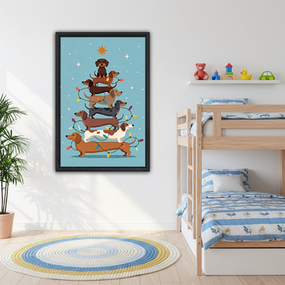 Dachshund Christmas Tree Canvas Wall Art framed above bunk beds with blue nautical bedding.