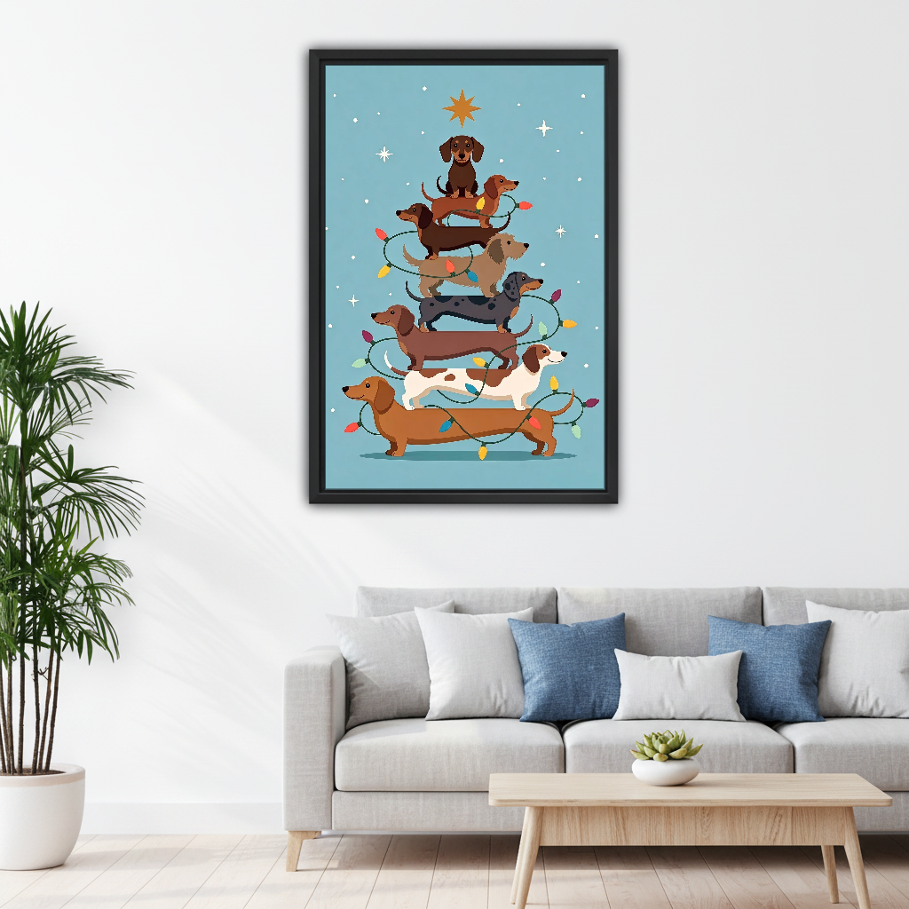 Dachshund Christmas Tree Canvas Wall Art framed above a pale gray sofa with blue cushions.