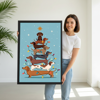 Dachshund Christmas Tree Canvas Wall Art held by a woman in white shirt and jeans.