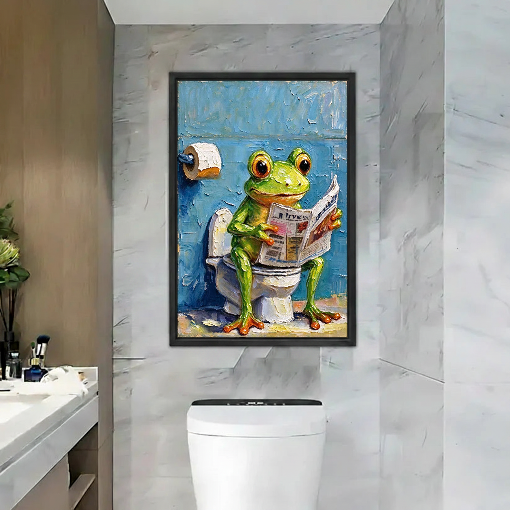 Frog Newspaper Bathroom Canvas Wall Art framed above a toilet against gray marble bathroom walls.