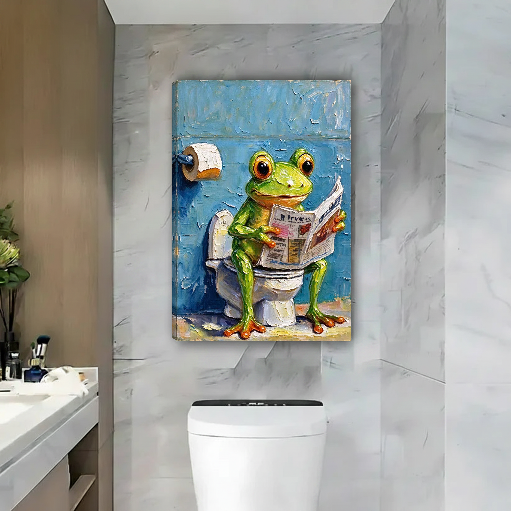 Frog Newspaper Bathroom Canvas Wall Art unframed above a toilet against gray marble bathroom walls.