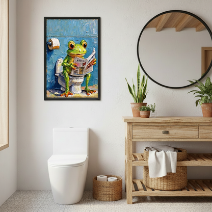 Frog Newspaper Bathroom Canvas Wall Art framed above a toilet beside wood vanity and round mirror.