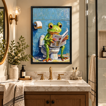 Frog Newspaper Bathroom Canvas Wall Art framed above a warm bathroom vanity between wall lights.