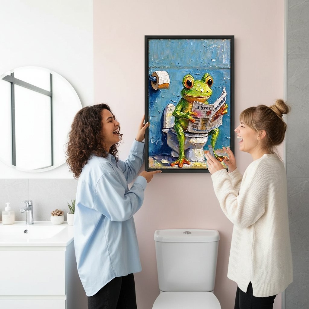 Frog Newspaper Bathroom Canvas Wall Art held by two women beside a bathroom mirror and toilet.