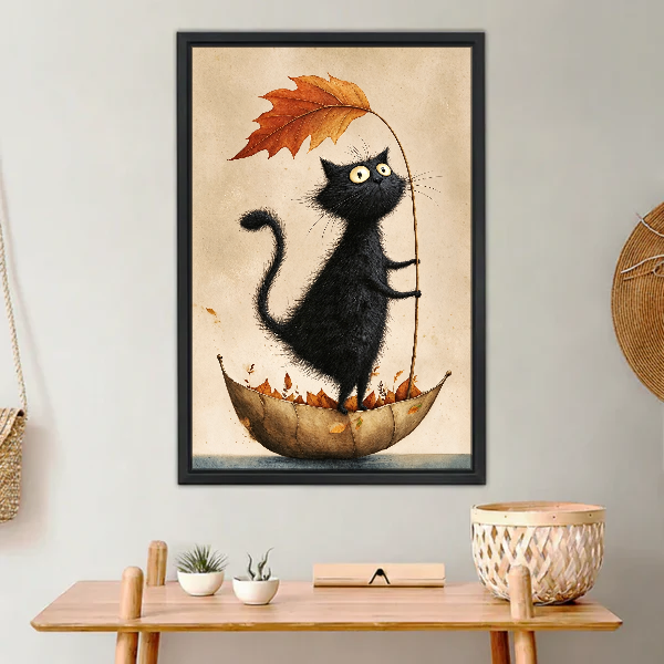 Autumn Leaf Cat Canvas Wall Art framed above a light wood console with cacti.