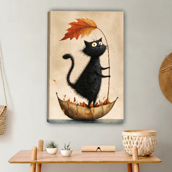 Autumn Leaf Cat Canvas Wall Art unframed above a light wood console and woven basket.