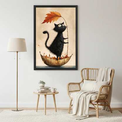 Autumn Leaf Cat Canvas Wall Art framed beside a wicker armchair and brass floor lamp.