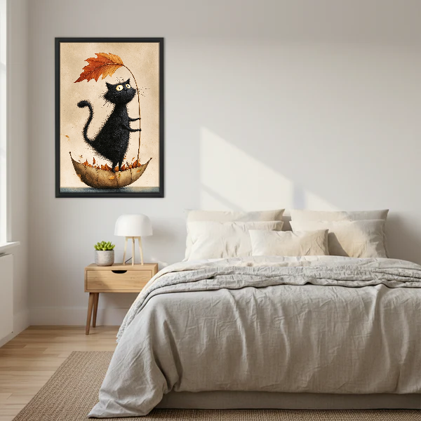 Autumn Leaf Cat Canvas Wall Art framed above cream bedding and pale wood nightstands.