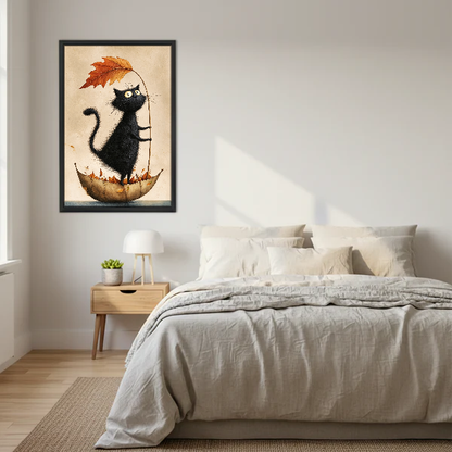 Autumn Leaf Cat Canvas Wall Art framed above cream bedding and pale wood nightstands.
