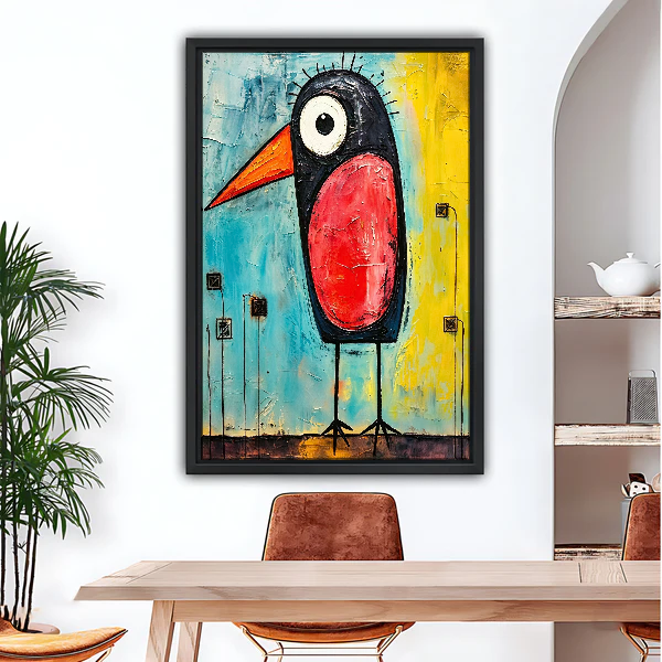 Red Bellied Bird Canvas Wall Art framed above a wood desk beneath a bright archway.