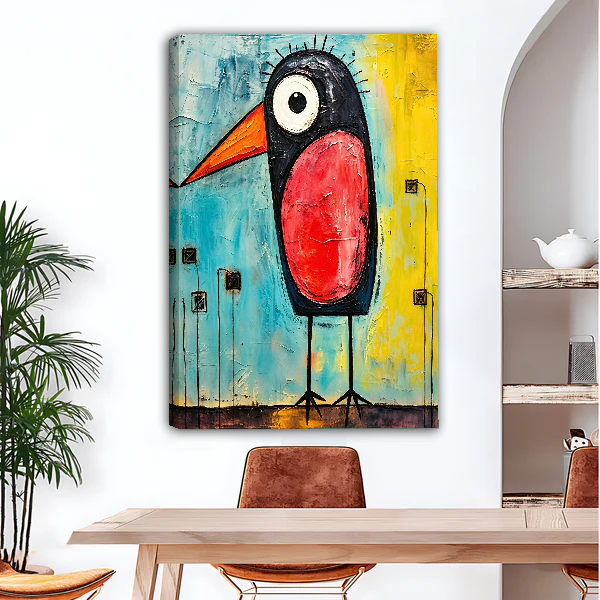 Red Bellied Bird Canvas Wall Art unframed above a wood desk beside a brown chair.