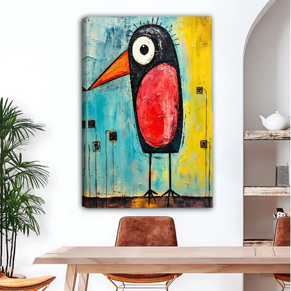 Red Bellied Bird Canvas Wall Art unframed above a wood desk beside a brown chair.