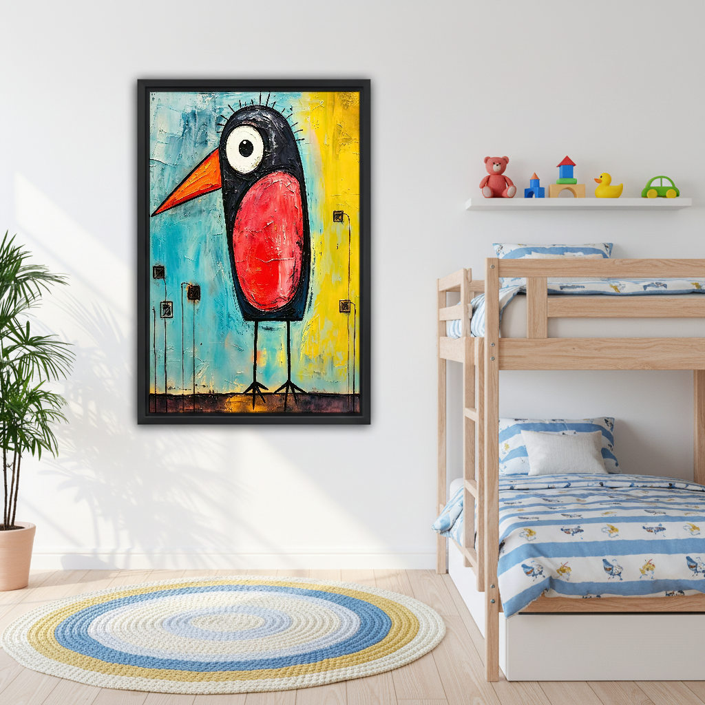 Red Bellied Bird Canvas Wall Art framed above bunk beds with blue nautical bedding.