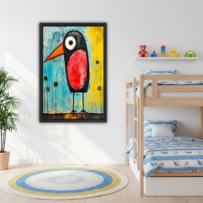 Red Bellied Bird Canvas Wall Art framed above bunk beds with blue nautical bedding.
