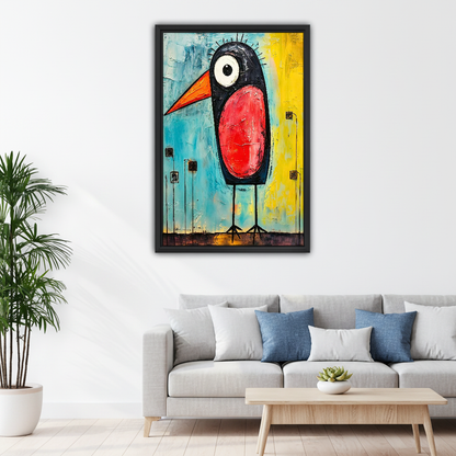 Red Bellied Bird Canvas Wall Art framed above a pale gray sofa with blue cushions.