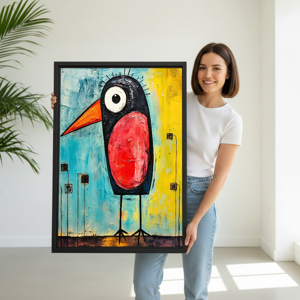 Red Bellied Bird Canvas Wall Art held by a woman in white shirt and jeans.