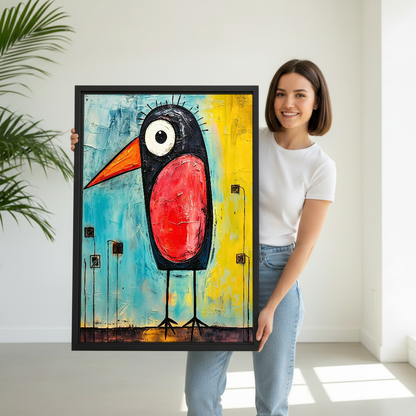Red Bellied Bird Canvas Wall Art held by a woman in white shirt and jeans.