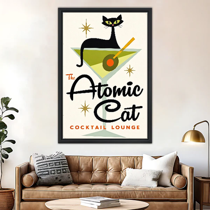 Atomic Cat Cocktail Canvas Wall Art framed above a brown leather sofa and brass lamp.