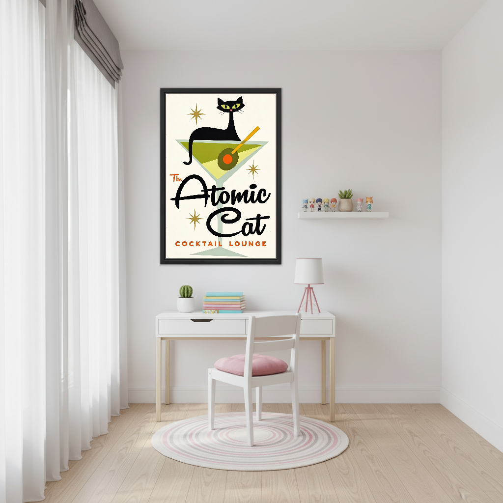 Atomic Cat Cocktail Canvas Wall Art framed above a white desk beside a pale pink chair.