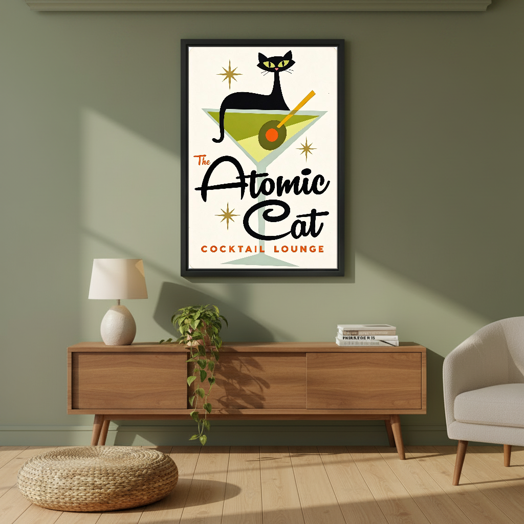 Atomic Cat Cocktail Canvas Wall Art framed above a wood console against an olive wall.