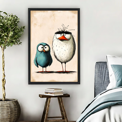 Odd Bird Friends Canvas Wall Art framed above pale blue bedding beside books and plants.