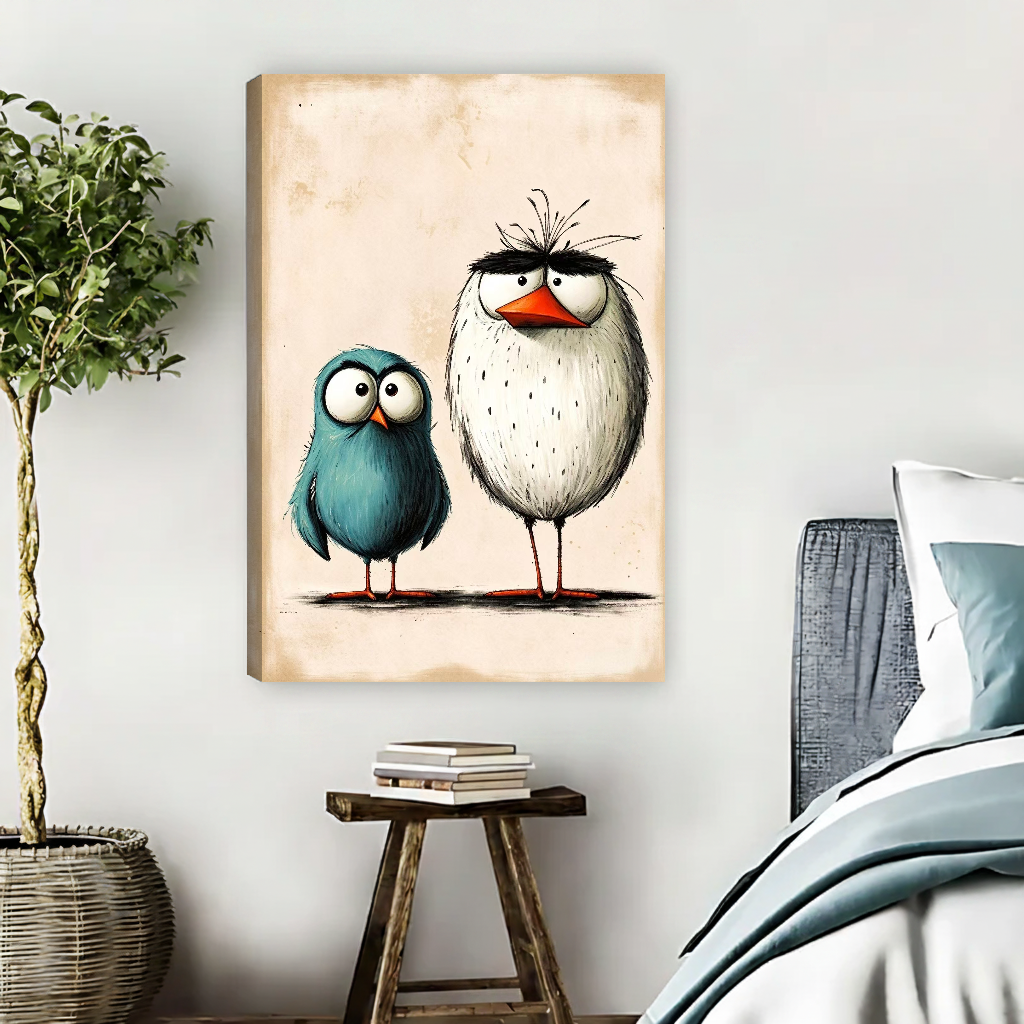 Odd Bird Friends Canvas Wall Art unframed above pale blue bedding beside a potted tree.