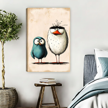 Odd Bird Friends Canvas Wall Art unframed above pale blue bedding beside a potted tree.