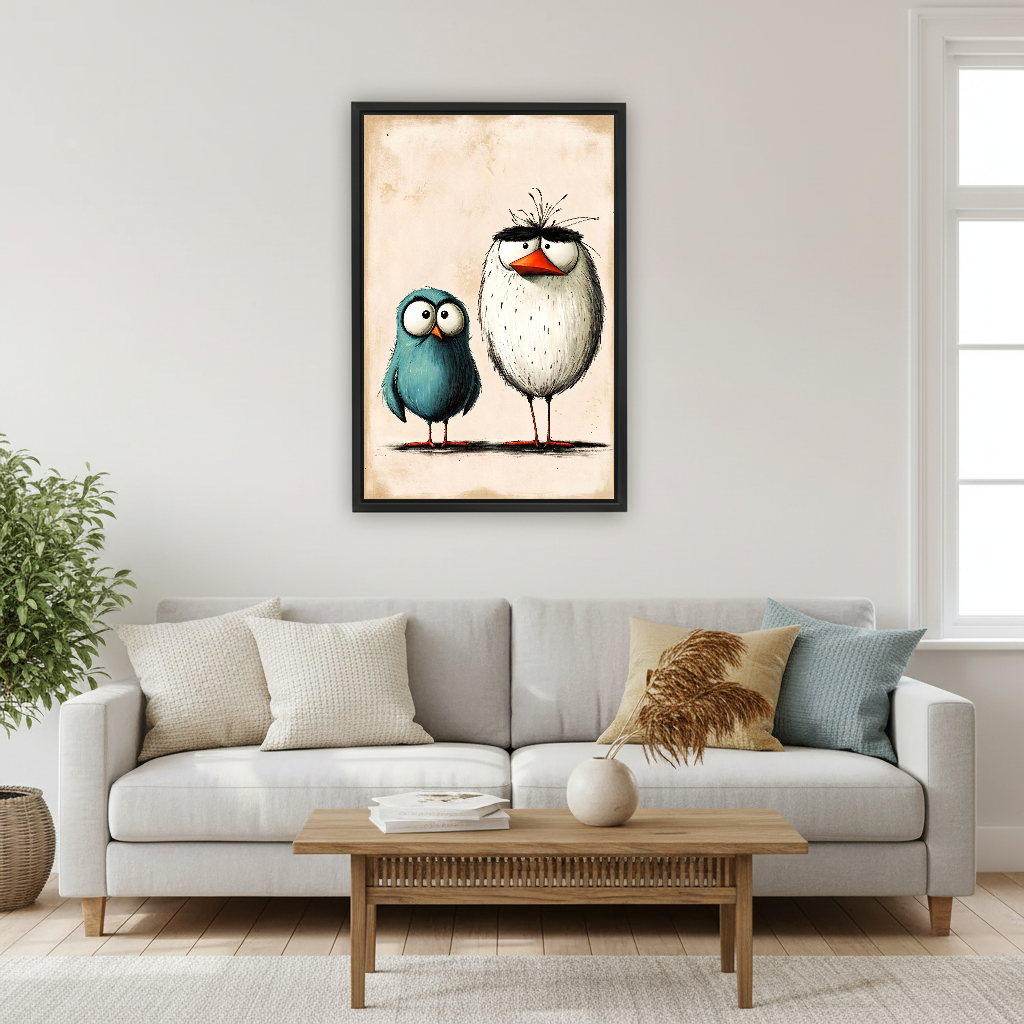 Odd Bird Friends Canvas Wall Art framed above a cream sofa with blue cushions.