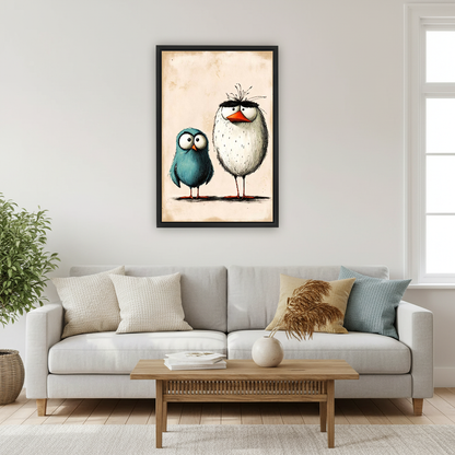 Odd Bird Friends Canvas Wall Art framed above a cream sofa with blue cushions.