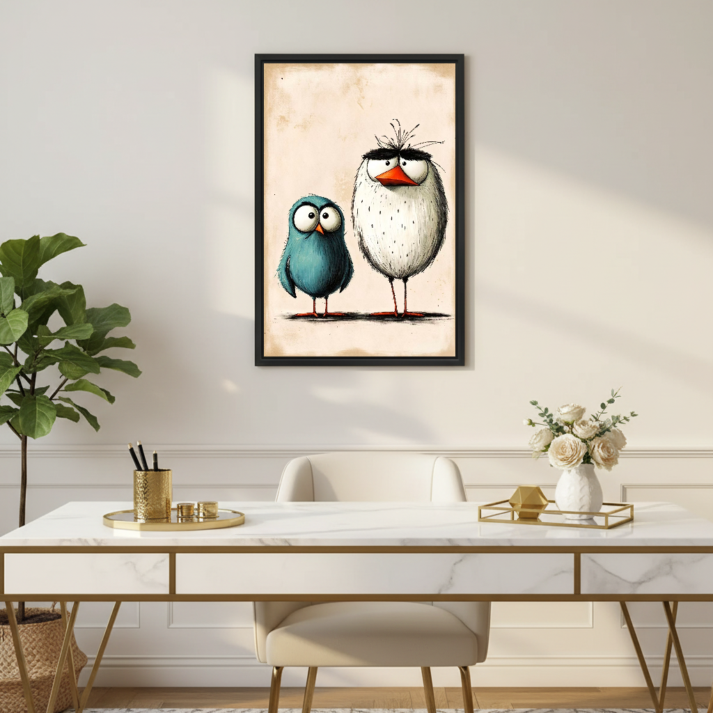 Odd Bird Friends Canvas Wall Art framed above a white desk with gold legs and plants.