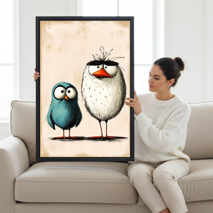 Odd Bird Friends Canvas Wall Art held by a seated woman beside a cream sofa.