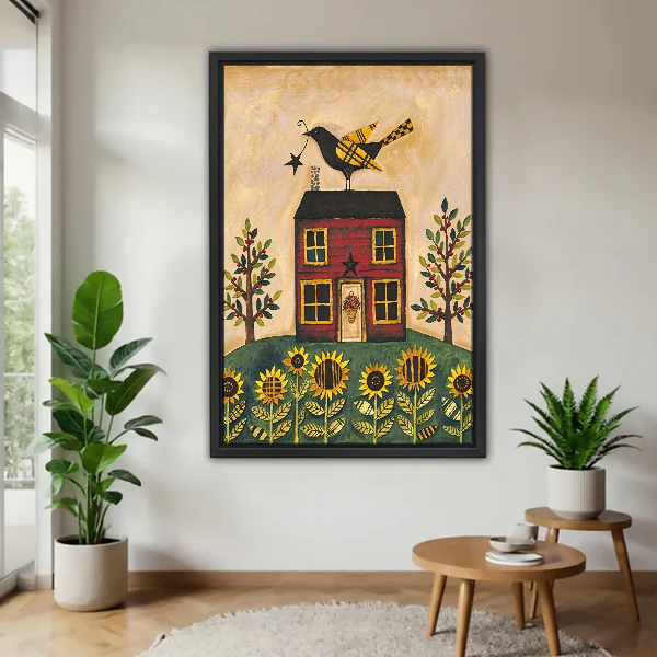 Sunflower Farmhouse Bird Canvas Wall Art framed above a pale wood table beside green plants.