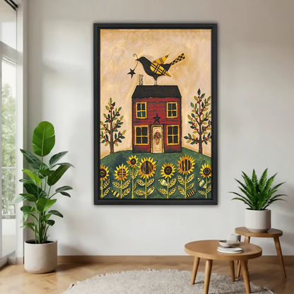 Sunflower Farmhouse Bird Canvas Wall Art framed above a pale wood table beside green plants.