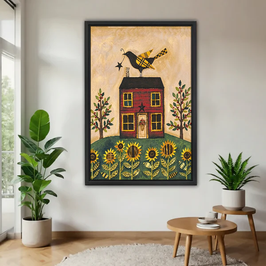 Sunflower Farmhouse Bird Canvas Wall Art framed above a pale wood table beside green plants.