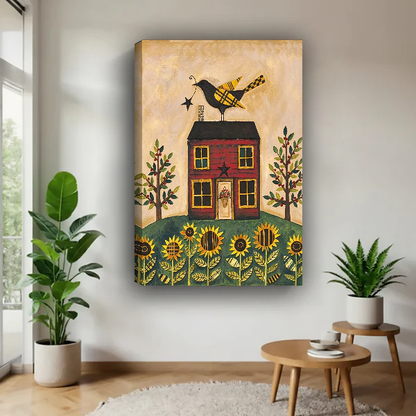 Sunflower Farmhouse Bird Canvas Wall Art unframed above a pale wood table beside green plants.