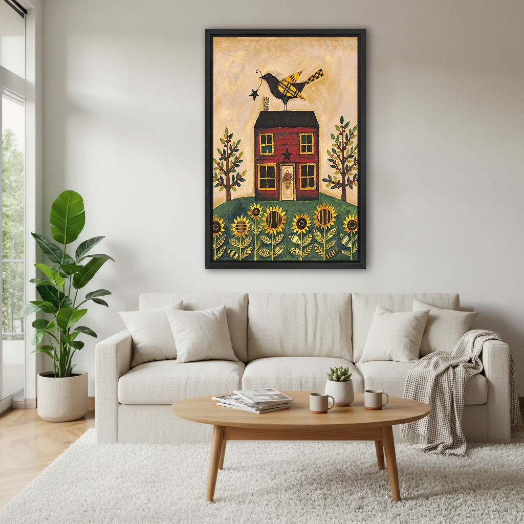 Sunflower Farmhouse Bird Canvas Wall Art framed above a cream sofa and round wood table.