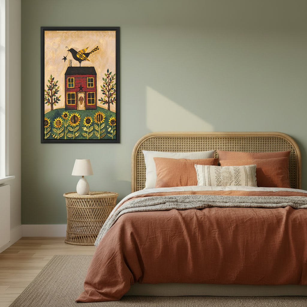 Sunflower Farmhouse Bird Canvas Wall Art framed above rust bedding against a muted olive wall.