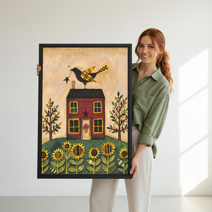 Sunflower Farmhouse Bird Canvas Wall Art held in a black frame by a woman in green.
