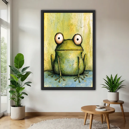 Wide Eyed Frog Canvas Wall Art framed above a pale wood table beside green plants.