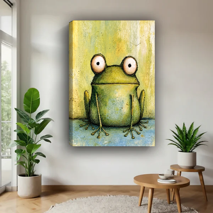 Wide Eyed Frog Canvas Wall Art unframed above a pale wood table beside green plants.