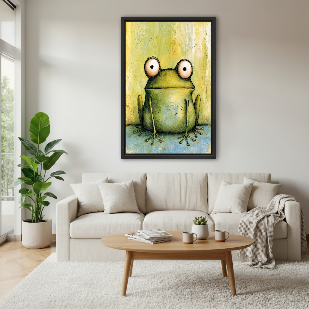 Wide Eyed Frog Canvas Wall Art framed above a cream sofa and round wood table.
