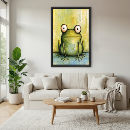 Wide Eyed Frog Canvas Wall Art framed above a cream sofa and round wood table.