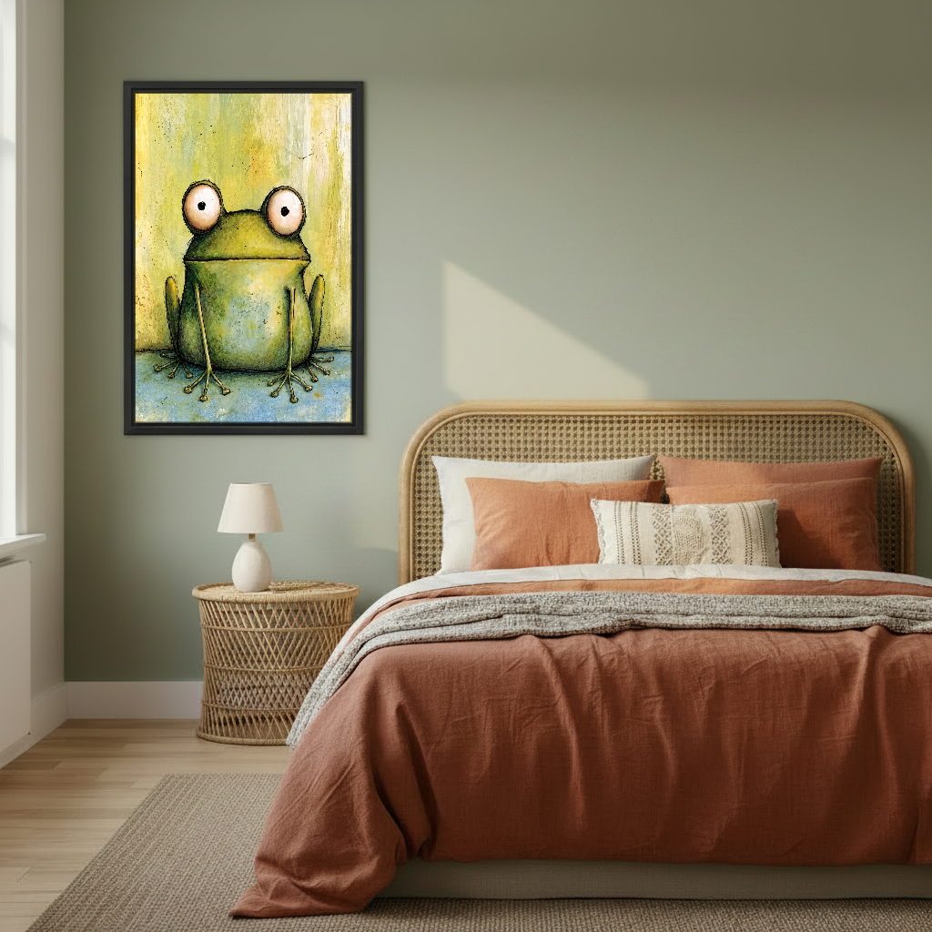 Wide Eyed Frog Canvas Wall Art framed above rust bedding against a muted olive wall.