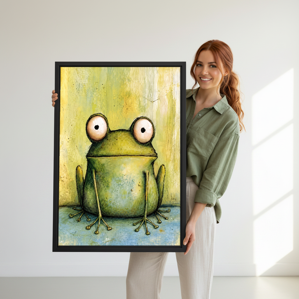 Wide Eyed Frog Canvas Wall Art held in a black frame by a woman in green.