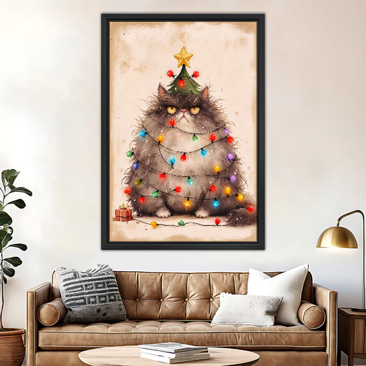 Grumpy Christmas Cat Canvas Wall Art framed above a brown leather sofa and brass lamp.