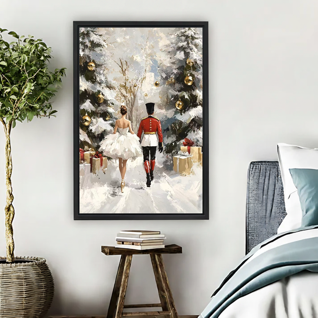 Snowy Nutcracker Walk Canvas Wall Art framed above pale blue bedding beside books and plants.