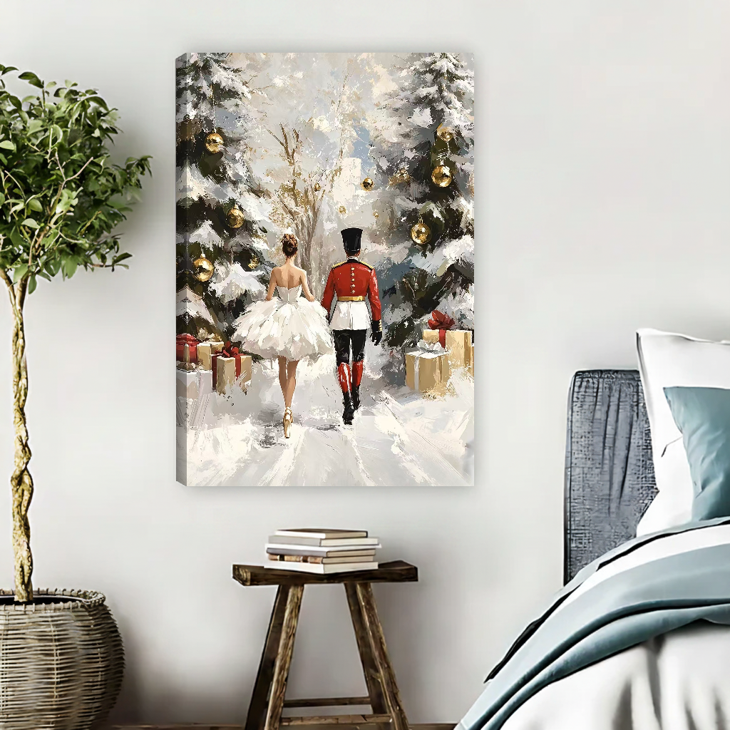Snowy Nutcracker Walk Canvas Wall Art unframed above pale blue bedding beside a potted tree.